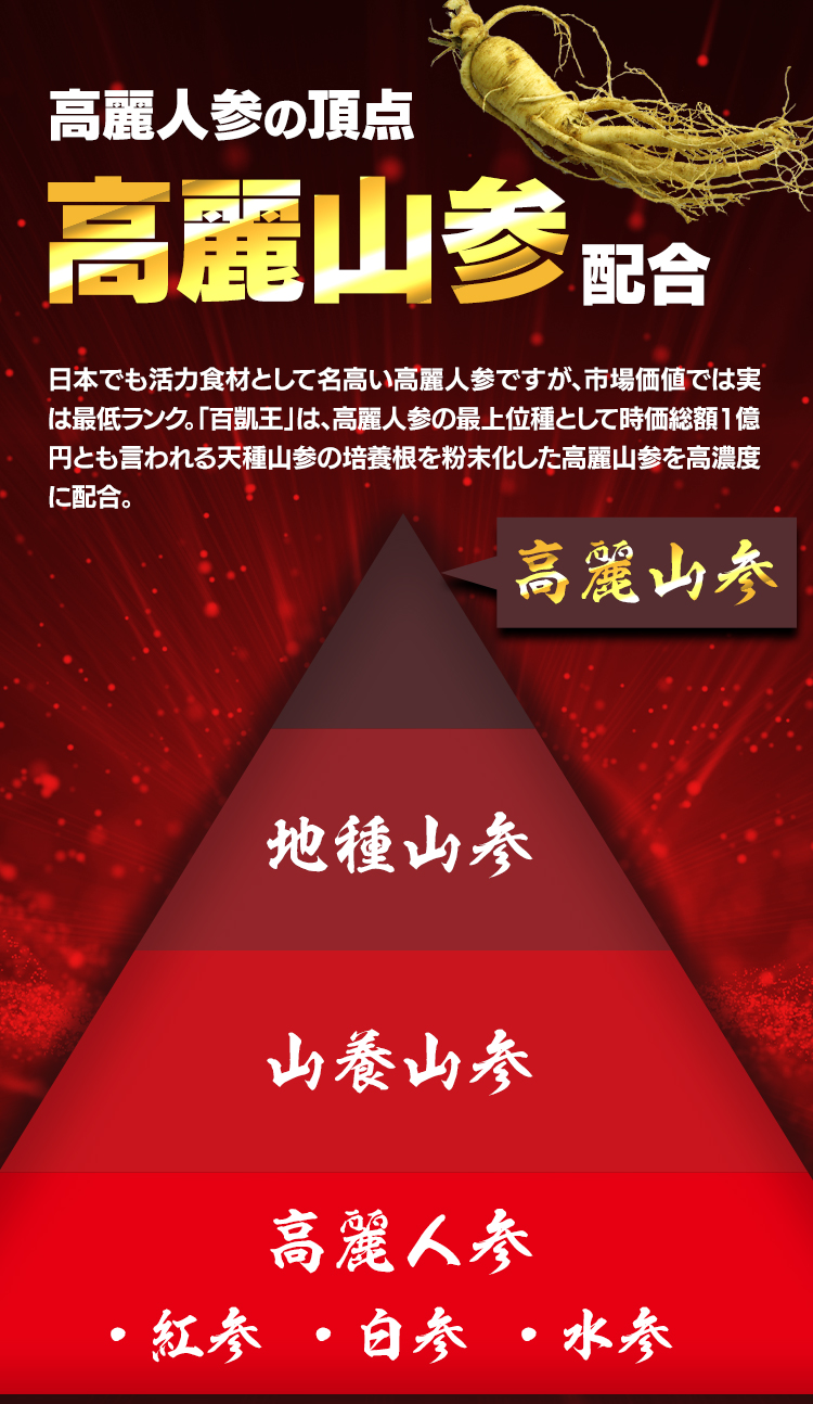 日本でも活力食材として名高い高麗人参ですが、市場価値では実は最低ランク。百凱王は高麗人参の最上位種として時価総額1億円とも言われる天種山参の培養根を粉末化した高麗山参を高濃度に配合。